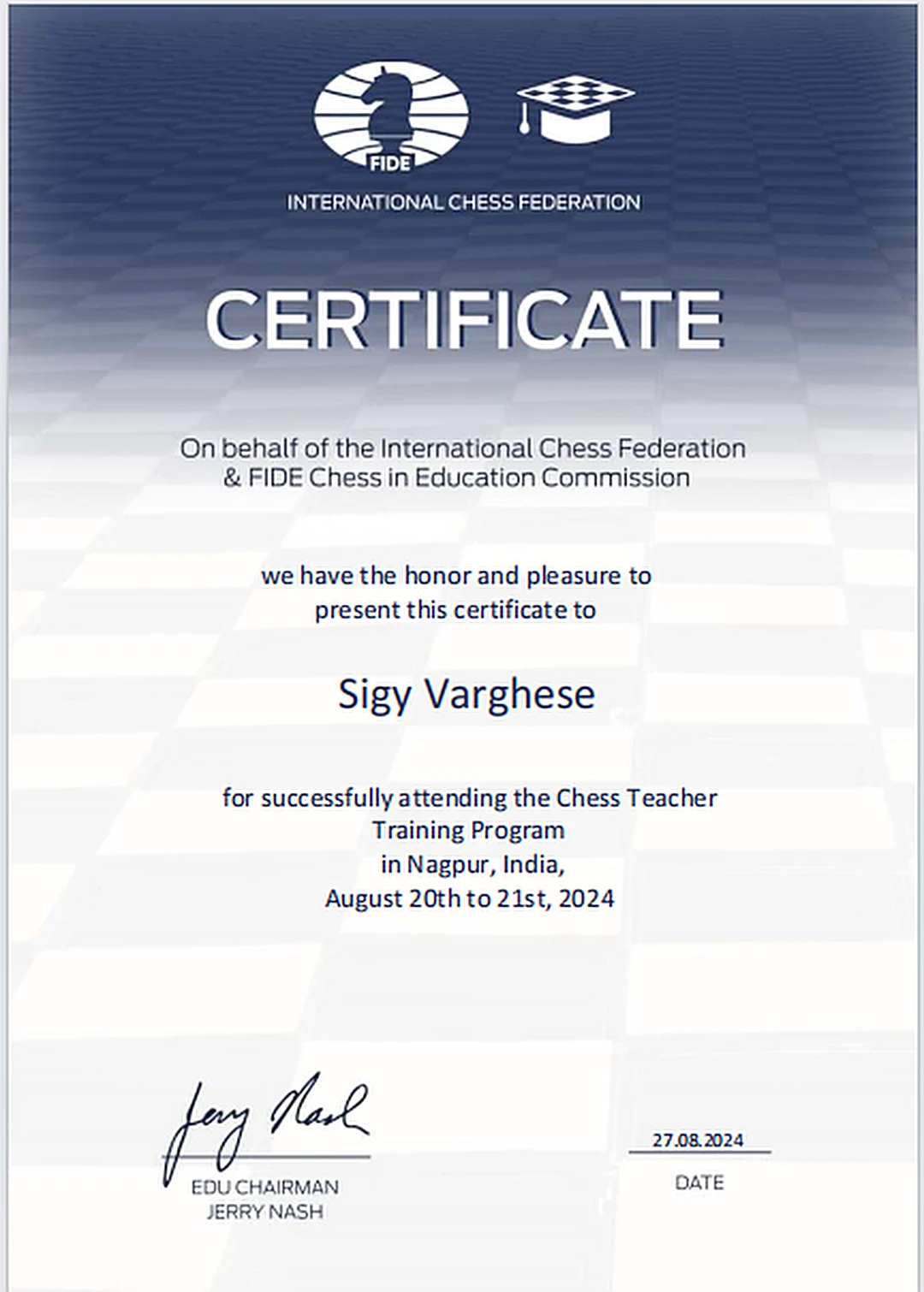 FIDE certificate awarded to Sigy Varghese for the Chess Teacher Training Program